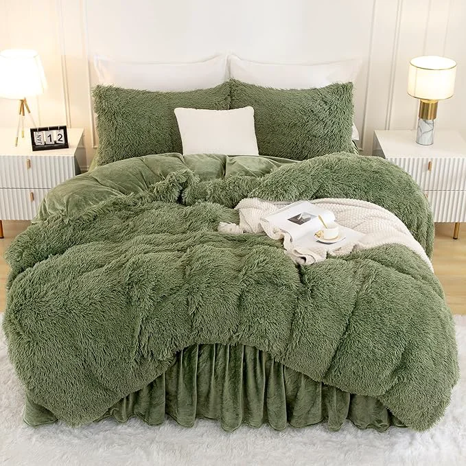 Premium Material Andency Faux Fur Sage Green Comforter Set King Size 3 Pieces Fluffy Fuzzy Plush Bedding Comforter Set 1 Shaggy Velvet Comforter amp 2 Pillowcases Soft Puffy Comfy Down Comforter Bedding Set Premium
