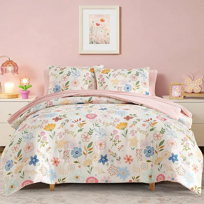 Quality Twin Comforter Set for Girls Kids – 5 Pieces Pastel Garden Patterns Twin Bedding Sets for Girls Teen Soft Cozy Bed in A Bag with Sheets Fine