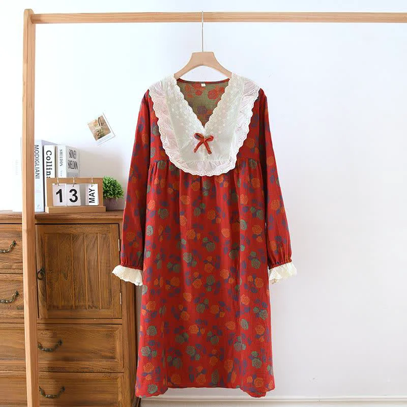 Practical Ownkoti Rose Cotton Gauze Long Sleeve Nightgown Elite