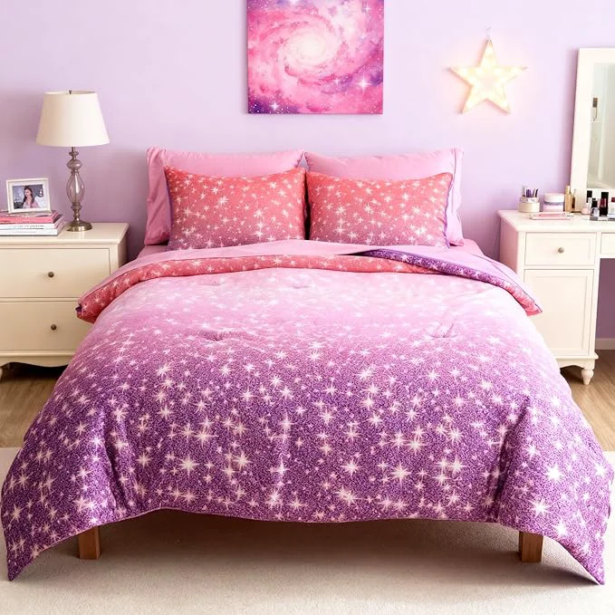 Certified Twin Comforter Set for Girls Kids – 5 Pieces Purple Galaxy Patterns Twin Bedding Sets for Girls Boys Teen Soft Cozy Bed in A Bag with Sheets Excellent