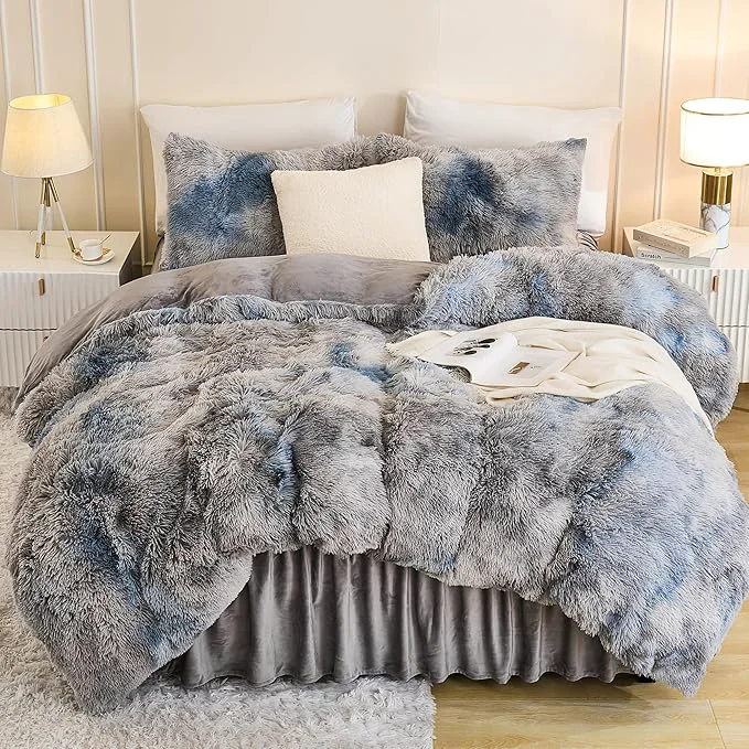 User-Friendly Andency Faux Fur Tie-Dyed Grey Blue Comforter Set Full Size 3 Pieces Fluffy Fuzzy Plush Bedding Comforter Set 1 Shaggy Velvet Comforter amp 2 Pillowcases Soft Puffy Down Comforter Bedding Set Powerful