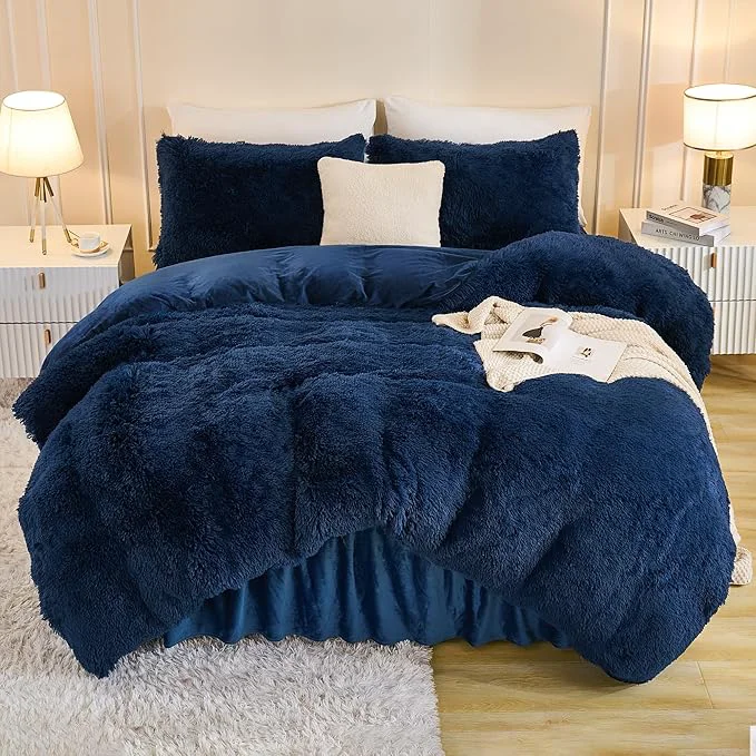 Exclusive Andency Fluffy Navy Blue Comforter Set Queen Size 3 Pieces Winter Faux Fur Warm Soft Fuzzy Plush Bedding Comforter Set 1 Velvet Comforter amp 2 Pillowcases Thick Heavy Comfy Comforters Bedding Set Genuine