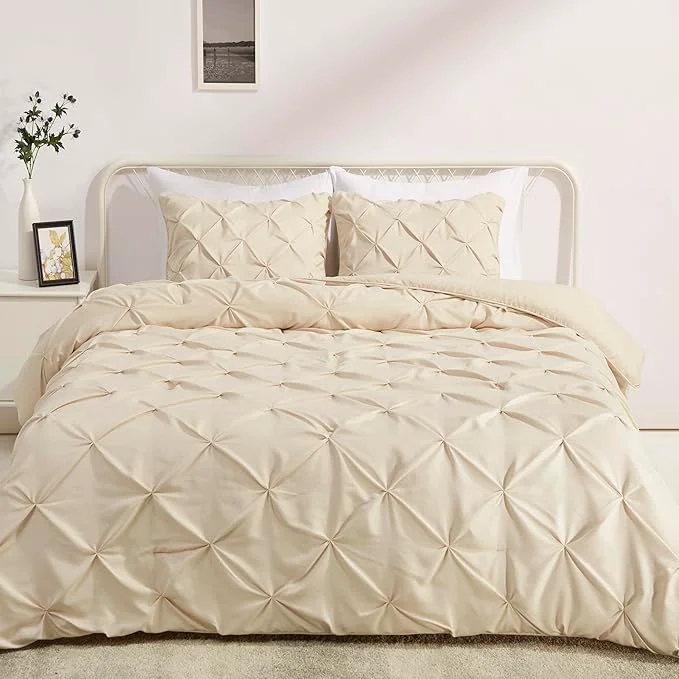 Quality Amazon Basics Soft Breathable Queen Size Comforter Set All-Season Down- 3-Piece Bedding Set Pinch Pleat Design with Piped Edges Full Queen Beige Professional