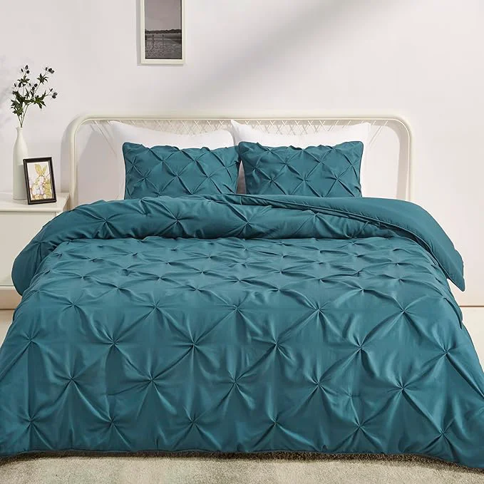Superior Amazon Basics All-Season Down- 3-Piece Comforter Bedding Set with Microfiber Pillow Shams Pinch Pleat Design Full Queen Dark Teal Fine