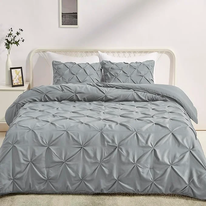Lightweight Amazon Basics Soft Warm Pinch Pleat Design Comforter Set All-Season Down- 3-Piece Bedding Set with Piped Edges Full Queen Size Dark Grey Original Design