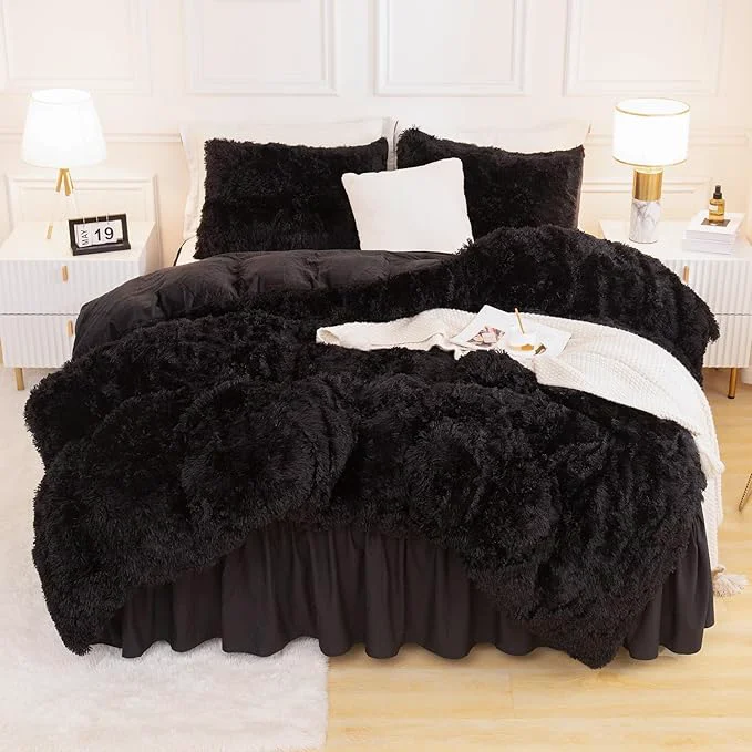 Classic Andency Queen Comforter Set Black Fluffy Winter Faux Fur Warm Soft Plush Bedding Comforter Set 1 Velvet Comforter amp 2 Pillowcases Fuzzy Thick Heavy Puffy Comforters Bed Set Premium Material