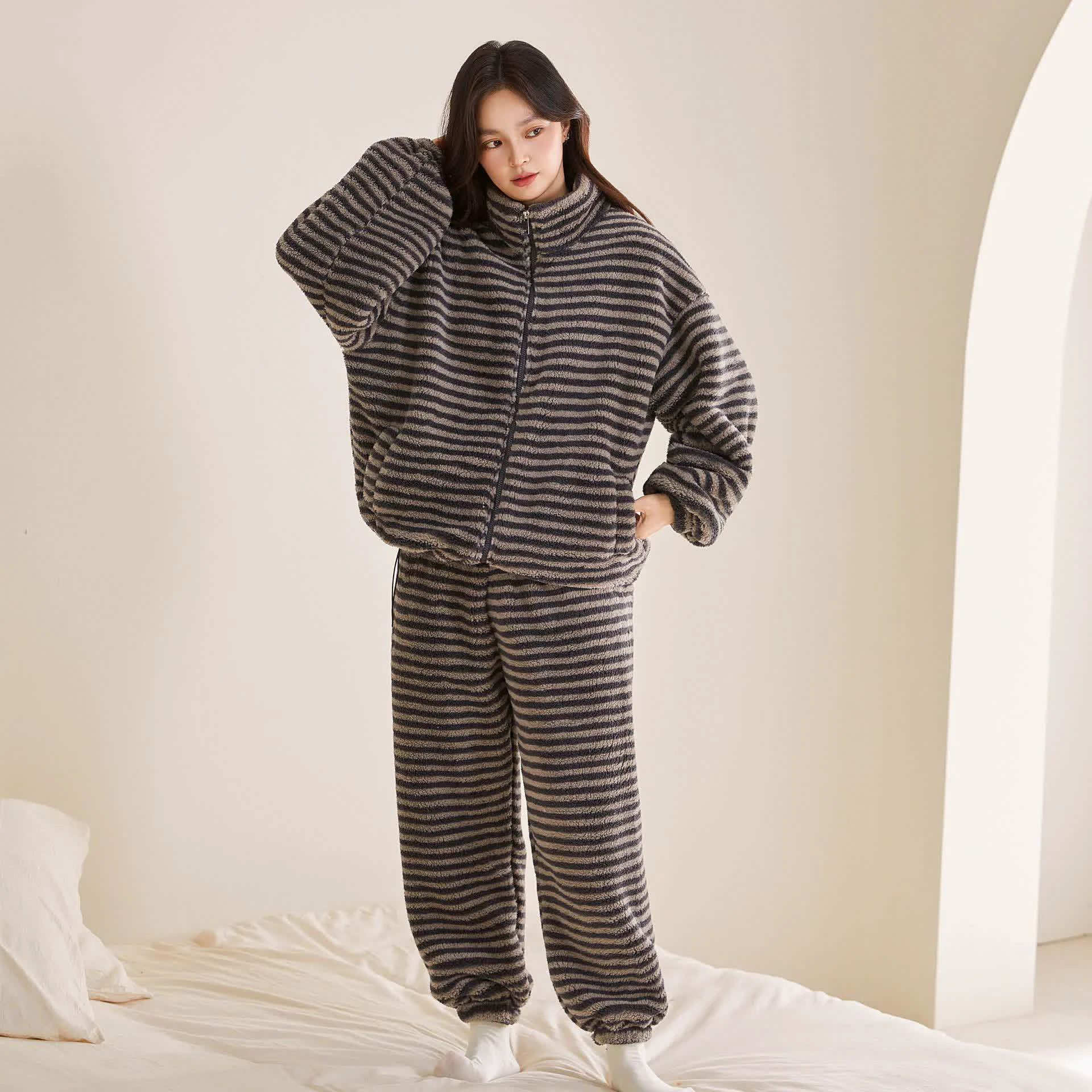 Premium Material Ownkoti Striped Plush Zip-Up Loungewear Set Modern