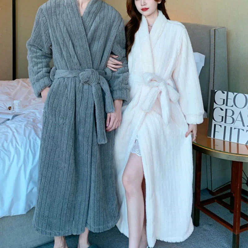 Verified Ownkoti Solid Color Stripe Textured Plush Bathrobe Traditional