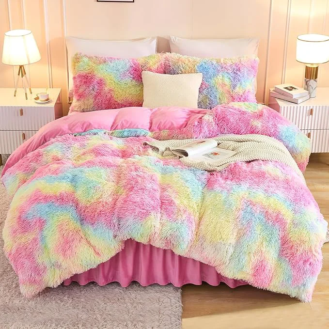 Proven Andency Faux Fur Tie-Dyed Rainbow Comforter for Queen Size Bed 3 Pieces Fluffy Fuzzy Plush Bedding Comforter Set 1 Shaggy Velvet Comforter amp 2 Pillowcases Reusable