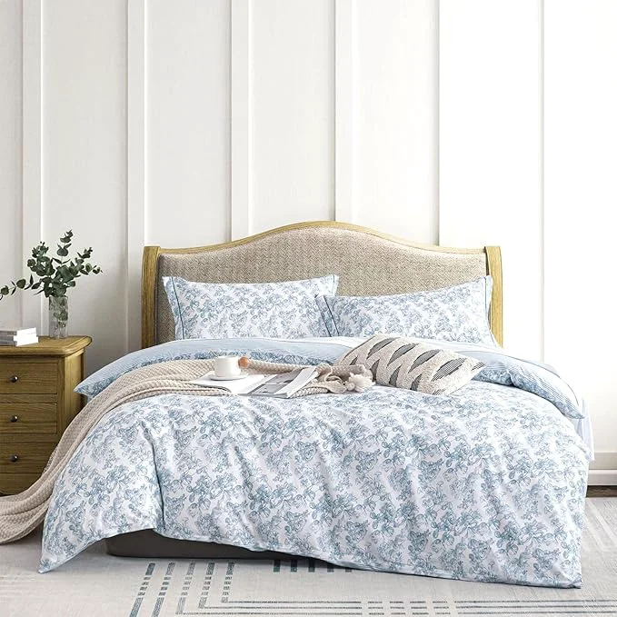 Original Vintage Cotton Comforter Twin Size 2Pcs – Elegant Pale Slate Blue Floral Pattern on White with Light Blue amp White Striped Reverse Luxurious Lightweight Bedding Sets with Soft Fill 68 quot ×90 quot Exclusive