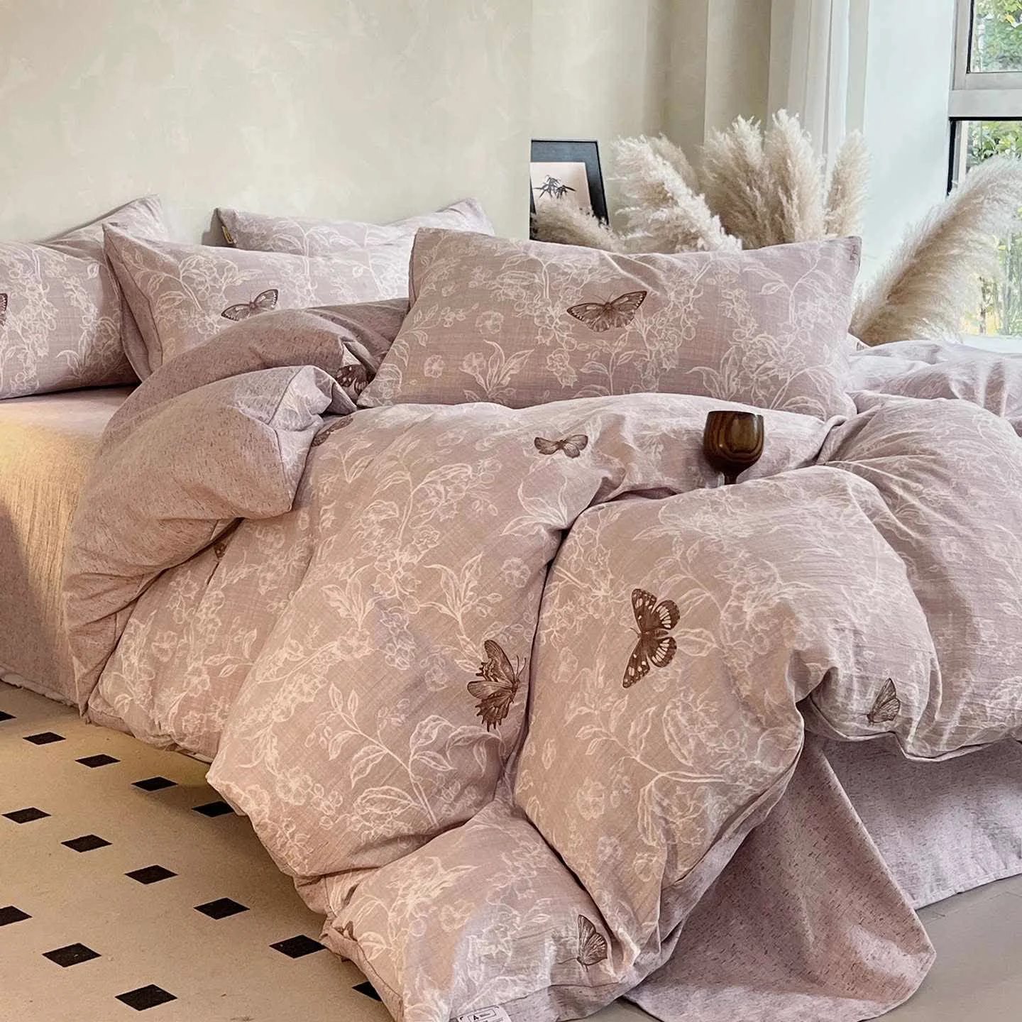 Practical Ownkoti Vintage Butterfly Floral Print Bedding Set 4PCS Comfortable