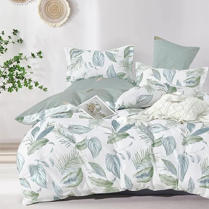 Fast Botanical Cotton Comforter King Size – Sage Green Comforter Printed with Leaves amp Ferns on White Reversible Light-Weight Bedding Sets 3Pcs Leaves 104 quot ×90 quot Minimalist