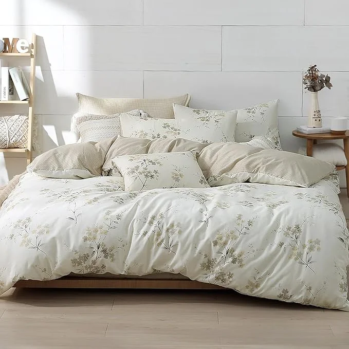 Professional Floral Cotton Comforter King Size – Cream Comforter with Luxurious Grey Branches amp Subtle Beige Blossoms Reversible Lightweight Bedding Sets 3Pcs 104 quot ×90 quot Fine Crafted