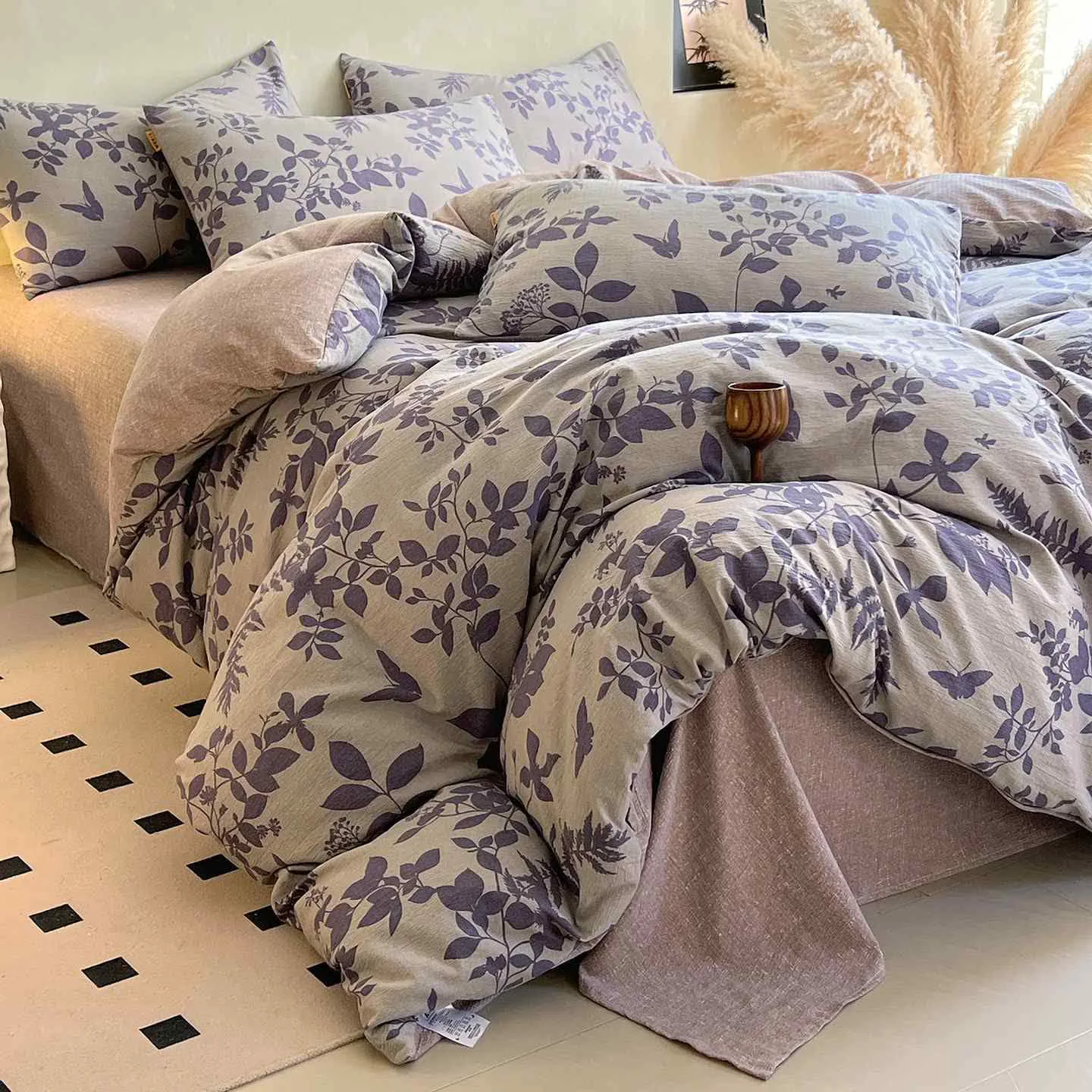 Certified Ownkoti Purple Leaf Print Bedding Set 4PCS Versatile