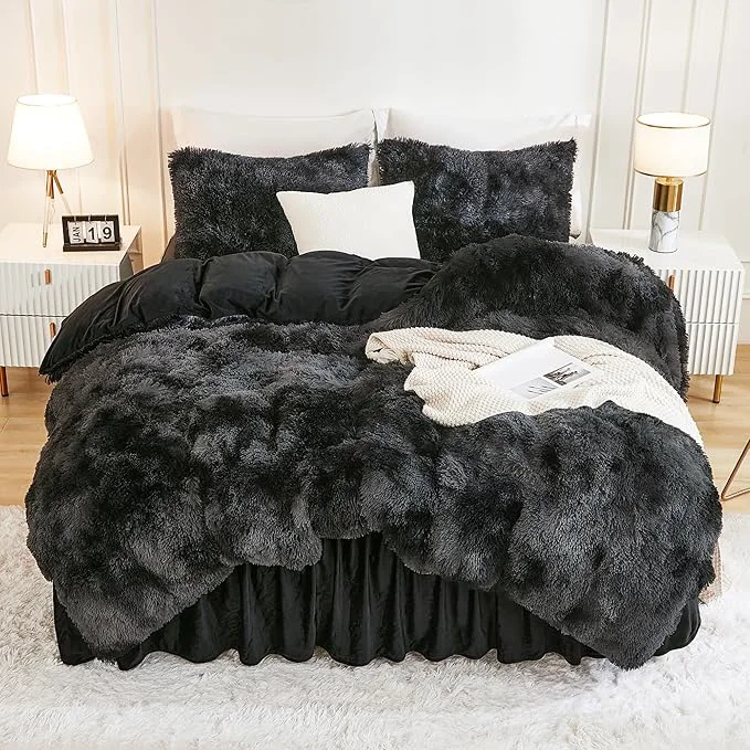 Environmentally Friendly Andency Tie-Dyed Black Grey Comforter King Size 3 Pieces Fluffy Faux Fur Warm Soft Fuzzy Plush Bedding Comforter Set Thick Heavy Puffy Comfy Bedding Sets Eco-Friendly