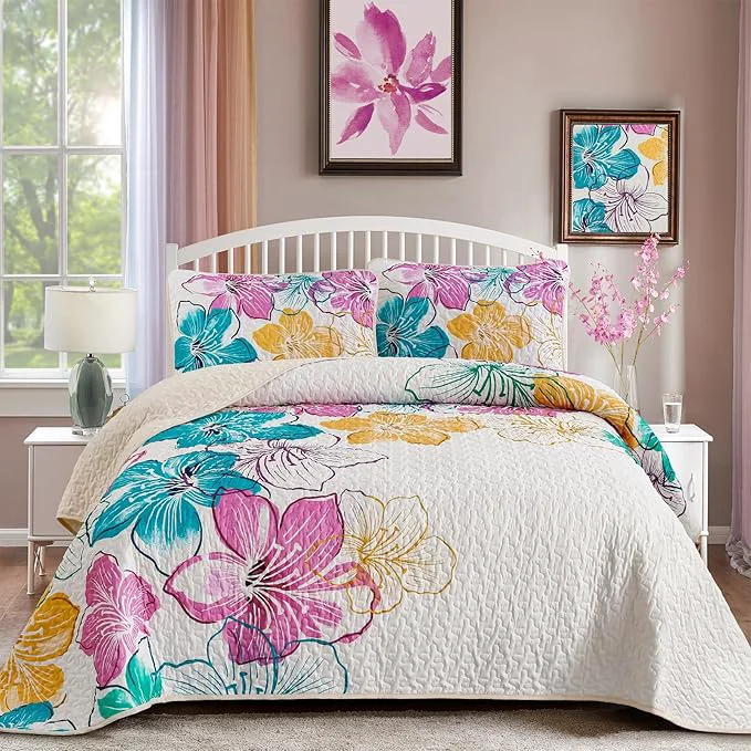 Verified DJY Romantic Pink Teal Quilt Set Queen Size 3 Pieces Colourful Floral Bedspread Set Bohemia Reversible Bedding Set Microfiber Lightweight Bedspread Coverlet Set for All Season 90 quot x96 quot Modern