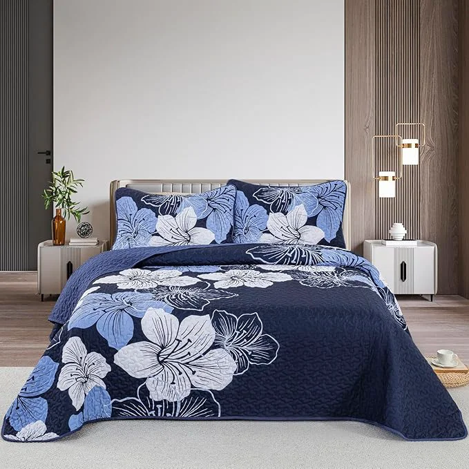 Organic DJY 3 Pieces Quilt Set King Navy Blue Floral Pattern Quilt Coverlet Set Gorgeous Boho Bedspread with 2 Pillow Cases Cozy Microfiber Botanical Bedding Quilt Set for Teens Adults 104 quot x 90 quot Premium Material