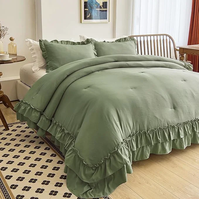 Specialty AIKASY Sea Green Comforters Twin Size Set Vintage Boho Chic Farmhouse Bedding Sets Shabby Ruffle Queen Bed Comforter Bedding 3PCS（1 Comforter and 2 Pillowcases） Trusted