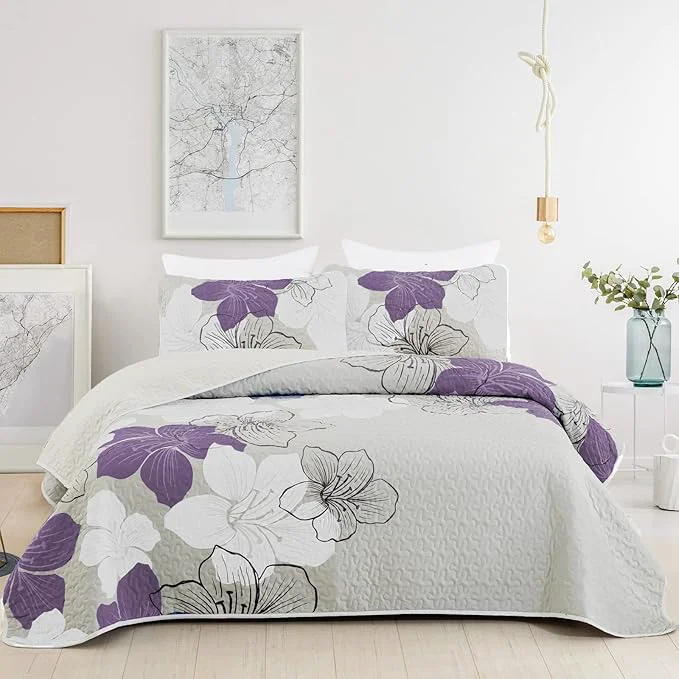 Verified DJY 3 Pieces Quilt Set Queen Purple Floral Pattern Quilt Coverlet Set Elegant Boho Lily Bedspread with 2 Pillow Shams Breathable Microfiber Bedding Quilt Set All Season Purple 90 quot x96 quot Flexible