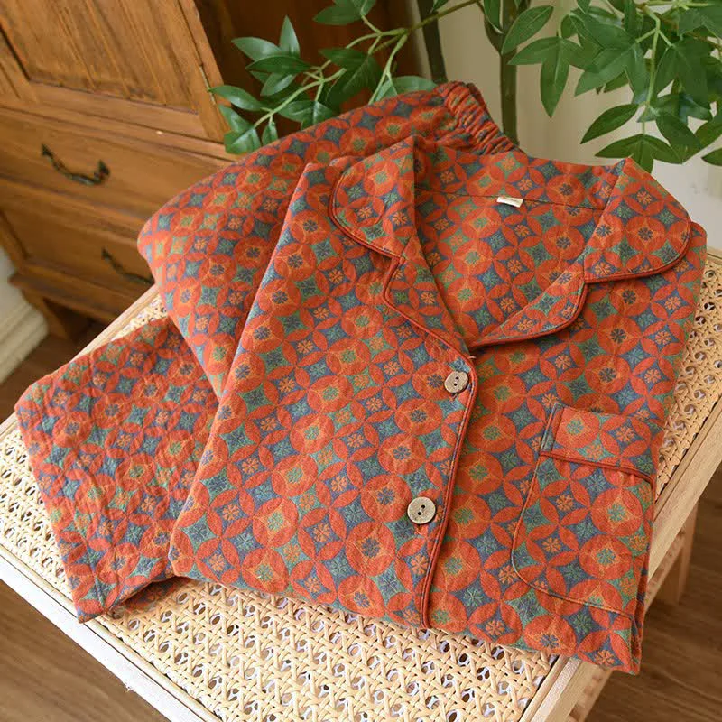 High-Quality Ownkoti Retro Geometric Pattern Cotton Gauze Loungewear User-Friendly