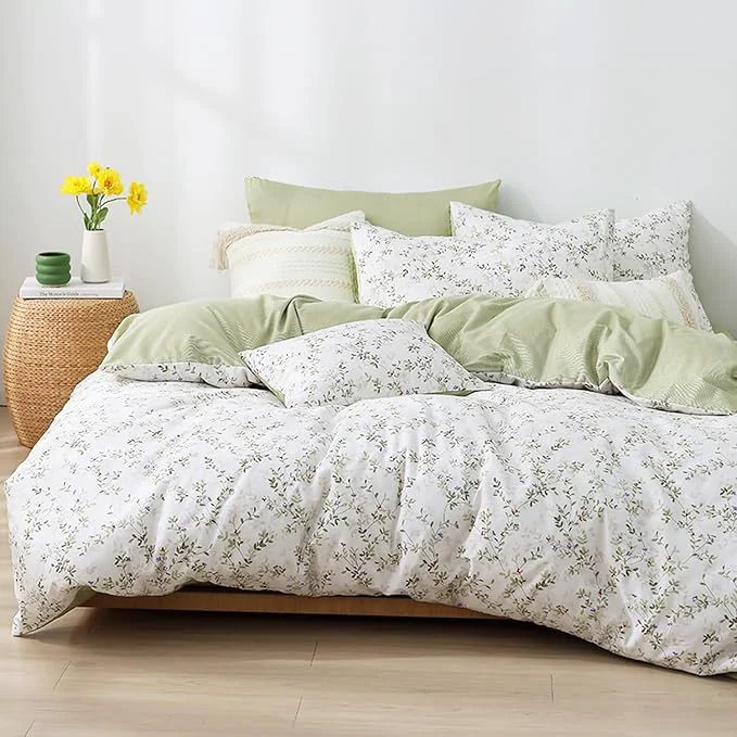 Artisan Botanical Cotton Comforter Twin Size – Tender Green Comforter Printed with Leafy Branches amp Purple Stamens on Off-White Reversible Lightweight Bedding Sets 2Pcs Detailed