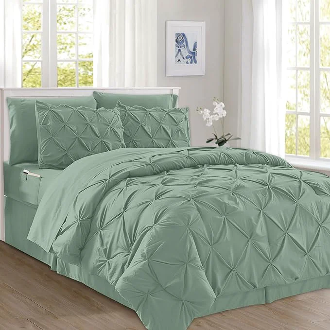Innovative Elegant Comfort 8-Piece Pinch Pleated Comforter Set – All Season Complete Bed in a Bag Includes 4pc Smart Sheet Set Bed Skirt Comforter Matching Pillowcases and Shams Twin Twin XL Sage Green Effective