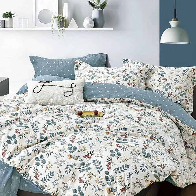 Luxury Botanical Cotton Comforter King Size – Lake Green Comforter with Dusky Blue amp Warm Rust Leaves on Ivory Reversible Lightweight Bedding Sets 3Pcs Polka Dot Soft