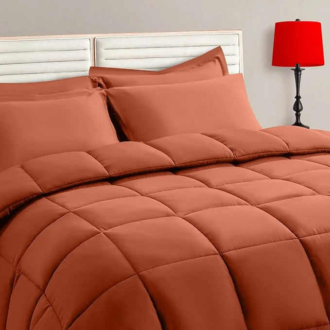 Expertly Made TAIMIT Burnt Orange Queen Size Comforter Set – 7 Pieces Bed in a Bag Bedding Sets with All Season Soft Quilted Warm Fluffy Reversible Comforter Flat Sheet Fitted Sheet 2 Pillow Shams 2 Pillowcases Durable