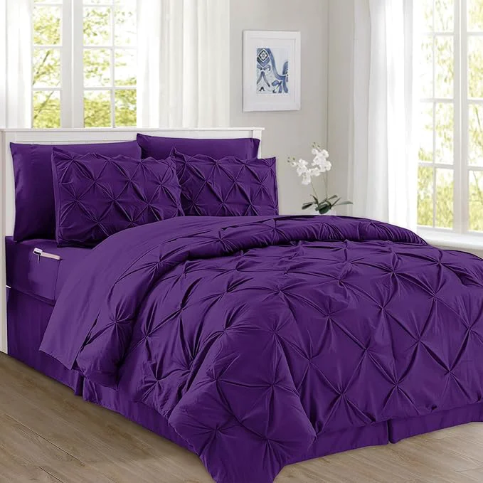 Modern Elegant Comfort 8-Piece Pinch Pleated Comforter Set – All Season Complete Bed in a Bag Includes 4pc Smart Sheet Set Bed Skirt Comforter Matching Pillowcases and Shams King Cal King Purple Unique