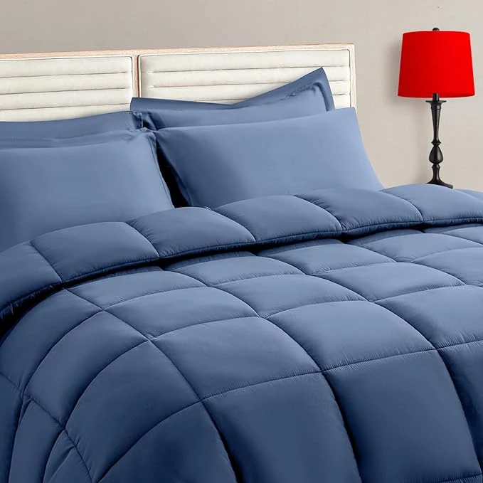 Sustainable TAIMIT Slate Blue Full Size Comforter Set – 7 Pieces Bed in a Bag Bedding Sets with All Season Soft Quilted Warm Fluffy Reversible Comforter Flat Sheet Fitted Sheet 2 Pillow Shams 2 Pillowcases Secure