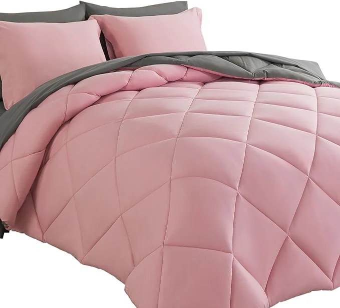 Traditional Cosybay Bed in a Bag Full Comforter Sets 7pcs All Season Solid Down Bedding Sets Pink and Grey with Comforter Pillow Shams Flat Sheet Fitted Sheet and Pillowcases Lightweight