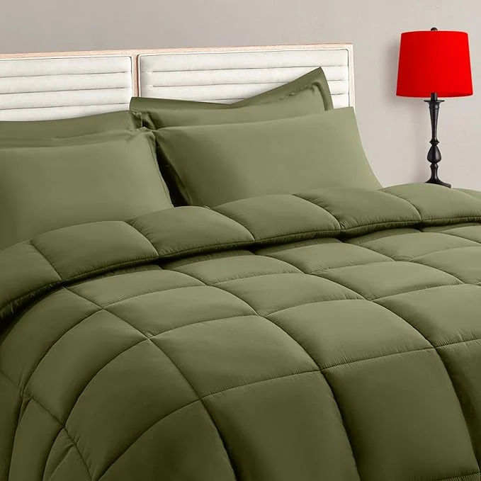 Secure TAIMIT Olive Green Twin Size Comforter Set – 5 Pieces Bed in a Bag Bedding Sets with All Season Soft Quilted Warm Fluffy Reversible Comforter Flat Sheet Fitted Sheet 1 Pillow Shams 1 Pillowcases Modern