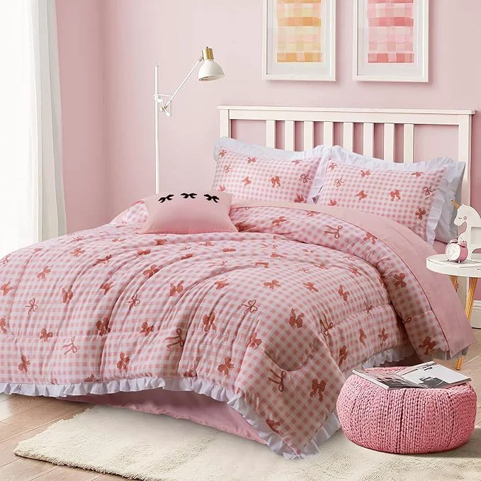 Convenient A Nice Night Bow Comforter Set 6 Piece Bed in a Bag with Comforter amp Sheet Set Chic Grid Bowknot Bedding Sets Princess Themed Bed Sets for Kids Girls Full Exceptional