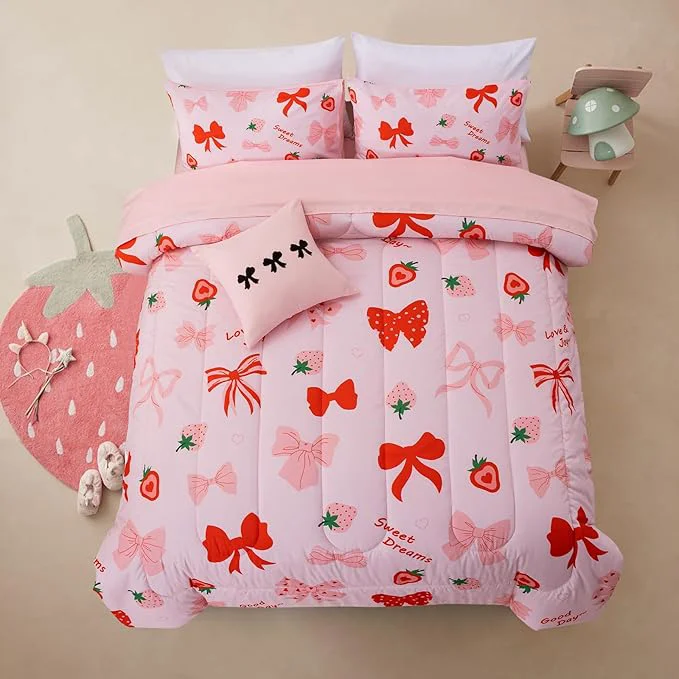 Exclusive A Nice Night Red Bow Comforter Set 6 Piece Bed in a Bag Matching Sheet Set Cute Ribbon Bowknot Bedding Sets Princess Style Strawberry Printed Light Pink Room Decor for Girls Twin Comfortable