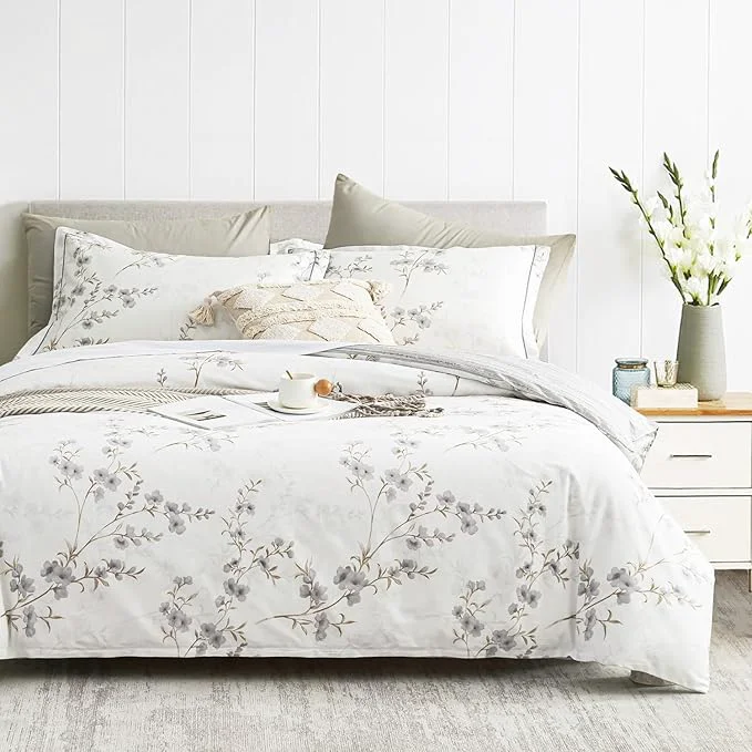 Trusted Vintage Botanical White Cotton Comforter King Size – Elegant Gray Flowers and Taupe Branches on White Light Gray Striped Back 3PC Lightweight Bedding Set with Ultra-Soft Fill Fine