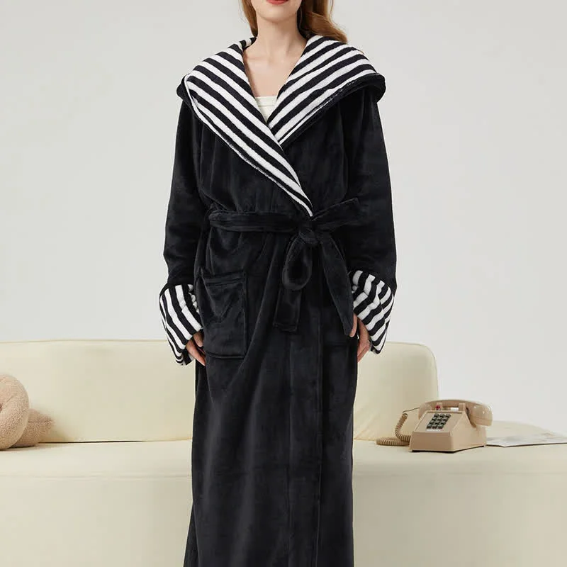 Official Ownkoti Unisex Striped Collared Hooded Plush Robe Clean