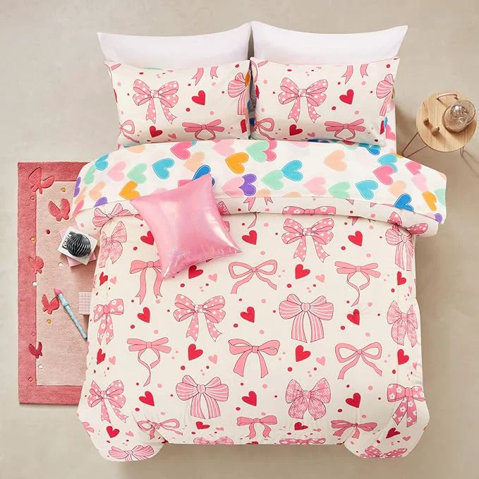 Organic A Nice Night Lightweight Soft 6 Piece Bowknot Comforter Set Queen Size Bed in a Bag Cartoon Love Hearts amp Bow amp Polka Dot Design Bedding Set for Girls Kids Sustainable