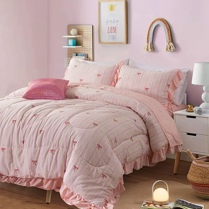 Stylish A Nice Night Rainbow Stripes amp Bows Bedding Set Ruffle 6 Piece Bed in a Bag Matching Sheet Set Princess Style Chic Bow Printed Light Pink Room Decor for Girls Full Fashionable