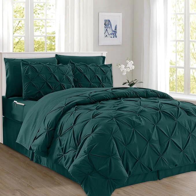 Detailed Elegant Comfort 8-Piece Pinch Pleated Comforter Set – All Season Complete Bed in a Bag Includes 4pc Smart Sheet Set Bed Skirt Comforter Matching Pillowcases and Shams Full Queen Ocean Teal Powerful