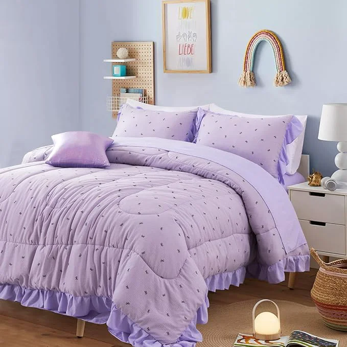 Consistent A Nice Night Delicate Bows Print On Purple Background Bedding Set Ruffle 6 Piece Bed in a Bag Matching Sheet Set Princess Style Chic Bowknot Printed Full Sophisticated