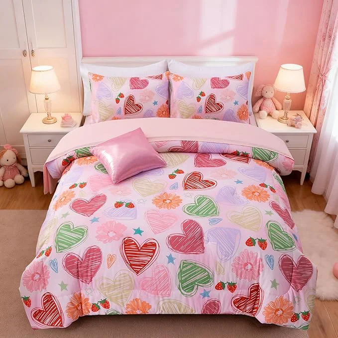 Detailed A Nice Night 6 Piece Comforter Set Bed in a Bag with Comforter amp Sheet Set Watercolor Pink Hearts Pattern Flower Strawberries Printed Bedding Sets Kids Girls Full Prestigious
