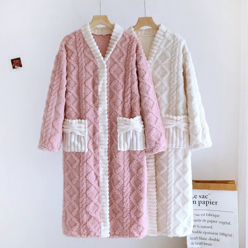 Green Ownkoti Diamond Textured Plush Button Nightgown Modern
