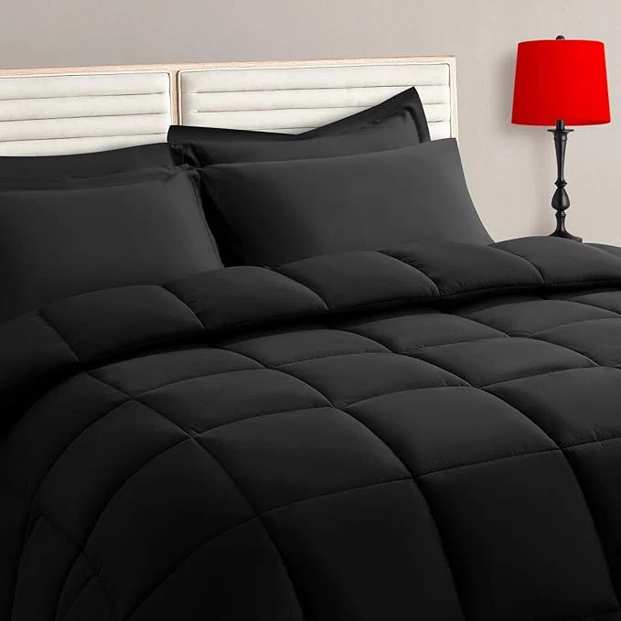 High-Grade TAIMIT Black Full Size Comforter Set – 7 Pieces Bed in a Bag Bedding Sets with All Season Soft Quilted Warm Fluffy Reversible Comforter Flat Sheet Fitted Sheet 2 Pillow Shams 2 Pillowcases Effective