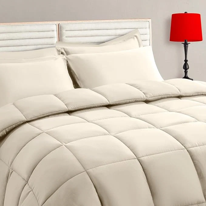 Classic TAIMIT Light Beige King Comforter Set – 7 Pieces Bed in a Bag Bedding Sets with All Season Soft Quilted Warm Fluffy Comforter Flat Sheet Fitted Sheet 2 Pillow Shams 2 Pillowcases Fine