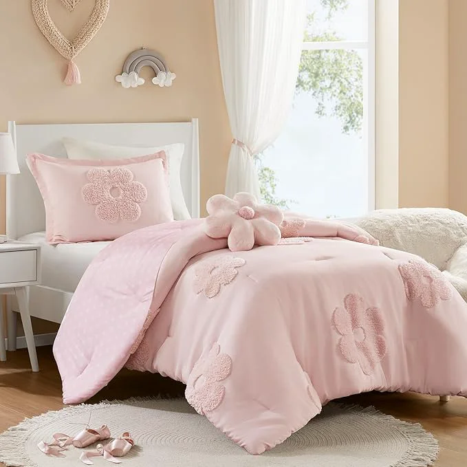 Original Design Intelligent Design Kids Twin Comforter Set for Girls Tufted Chenille Floral Comforter Set Twin Lightweight Polka Dot Comforter Reversible Bed Set Sham Pillow Gracie Twin Pink 3 Piece Flexible