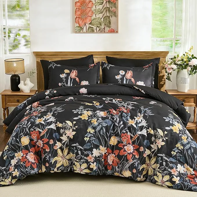 Fine WONGS BEDDING Queen Comforter Set 7 Piece Black Floral Bed in a Bag Bedding Set with Botanical Flowers Patterns Soft Lightweight Complete Comforters with Sheets for All Season Proven