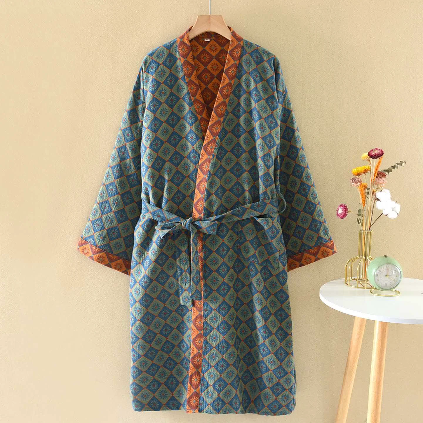 Healthy Ownkoti Retro Geometric Diamond Cotton Kimono Robe Optimized