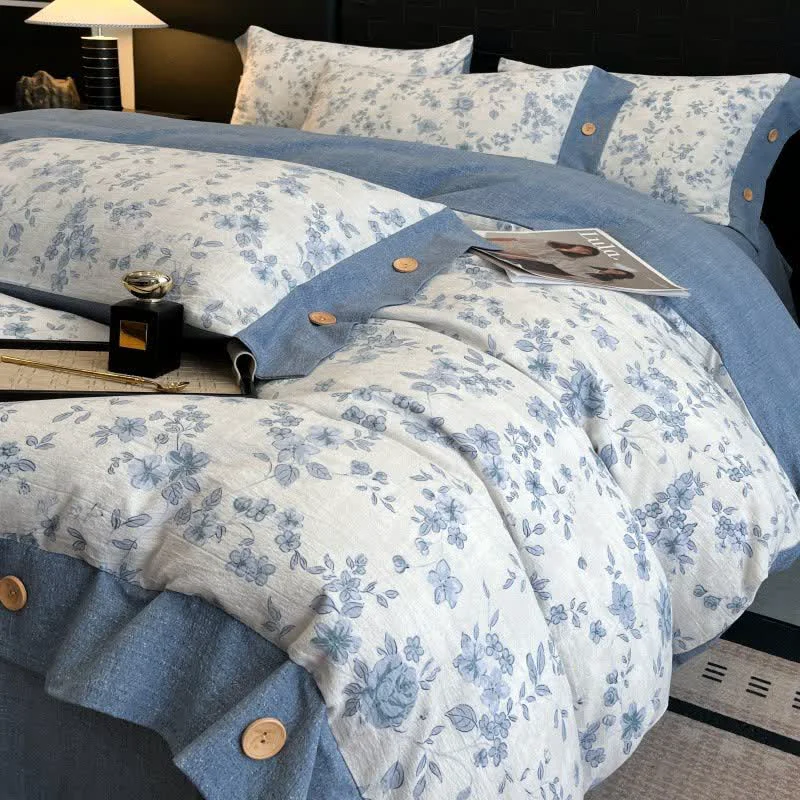 Professional Ownkoti Blue Floral Linen Button Bedding Set 4PCS Elegant