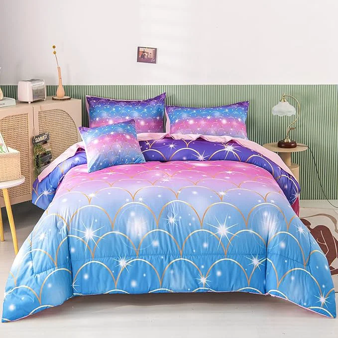 Natural RYNGHIPY 6Pcs Teal Pink Sparkle Mermaid Comforter Sets Twin Size 3D Rainbow Glitter Girls Bedding Sets Ombre Pastel Fish Scale Bedding Collection Sets Eco-Friendly
