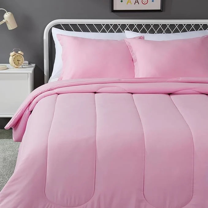 Selected Amazon Basics 3-Piece Soft Microfiber Kid 39 s Comforter and Pillow Sham Set Full Queen Light Pink Solid Stylish